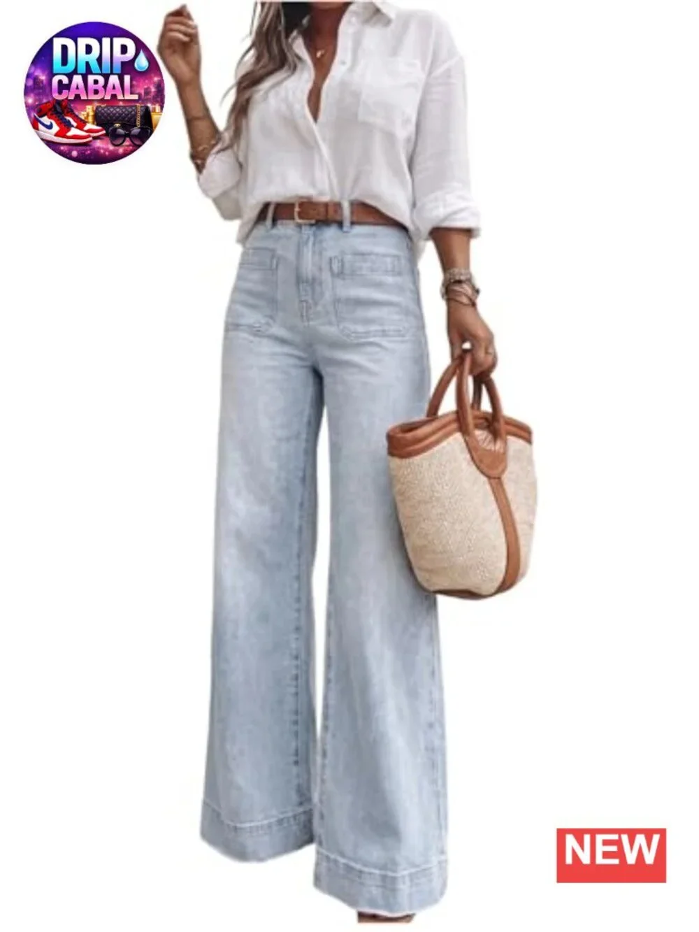 High Waisted Wide Leg Jeans with Retro Patch Pockets Stretchy 70s Vintage Loose